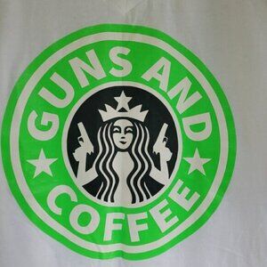 Starbucks - Coffee and Guns - Ladies White V-Neck XL Parody T-Shirt